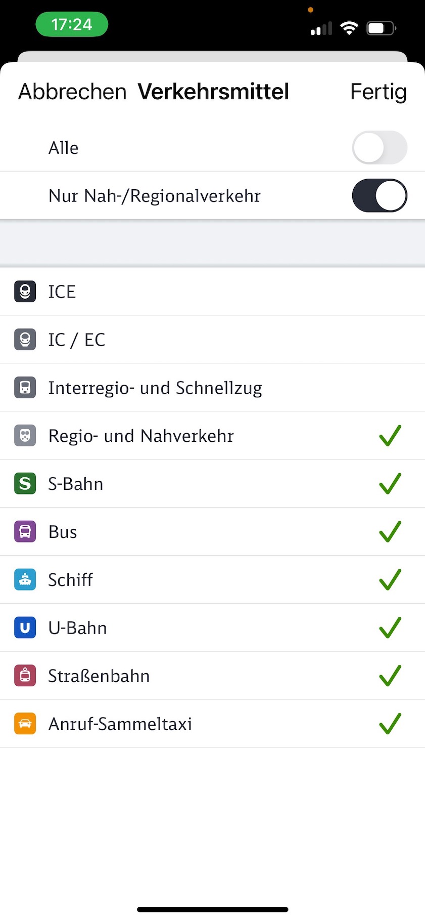 Ausflugsziele Deutschlandticket ab Frankfurt, Screenshot Filtereinstellung bei der Verbindungssuche