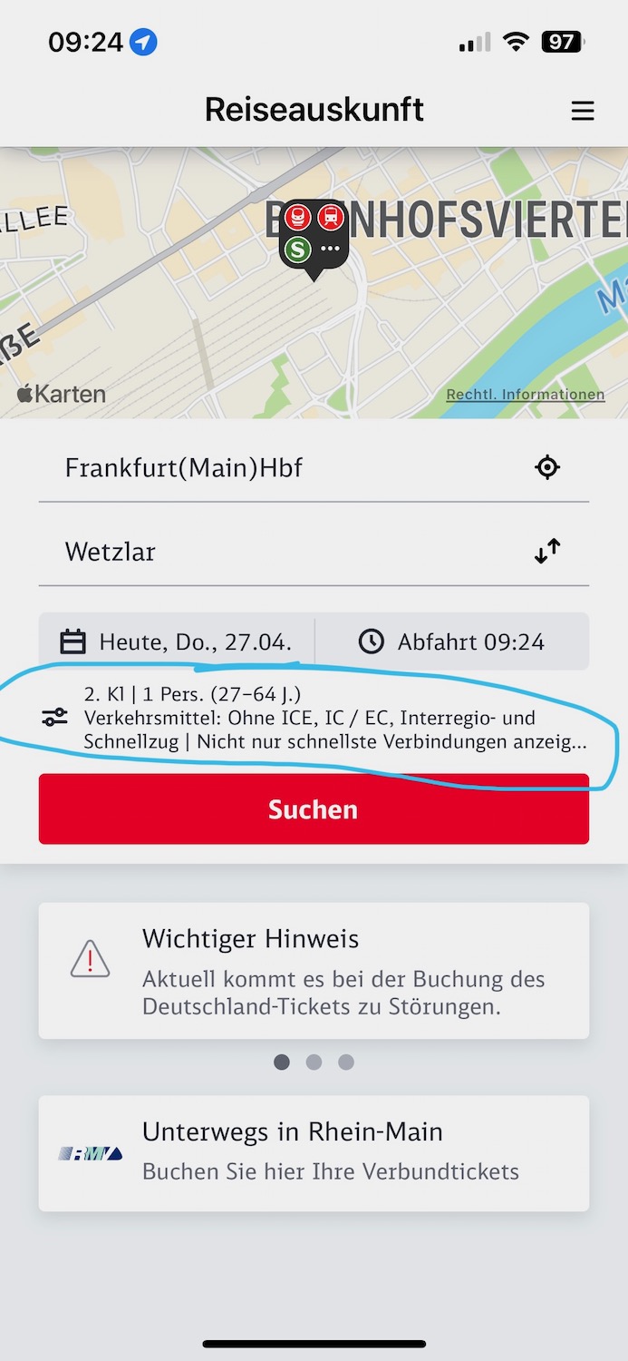 Deutschlandticket, Screenshot von der Filtereinstellung bei der Verbindugssuche